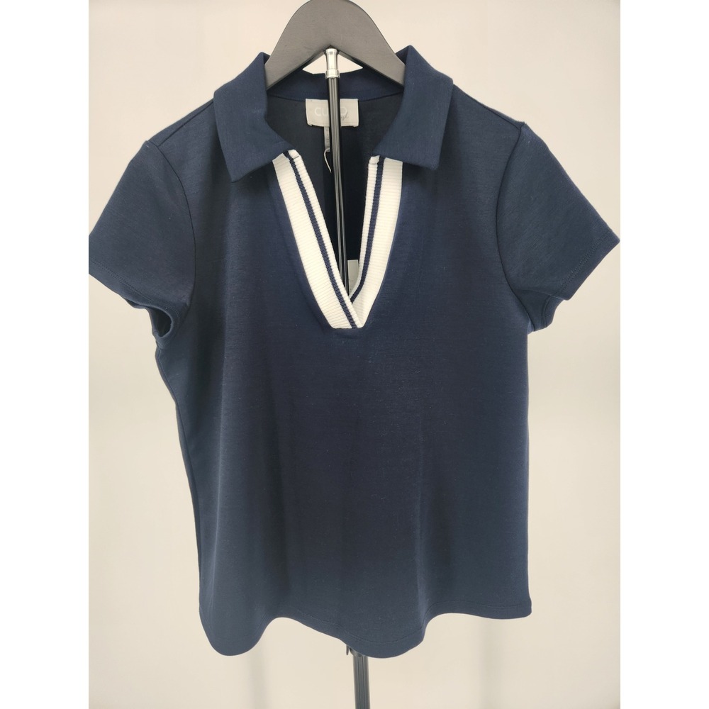 Cupio Blush‎ Navy Blue Striped V-Neck Polo Top Short Sleeve CBTP13312M Womens M